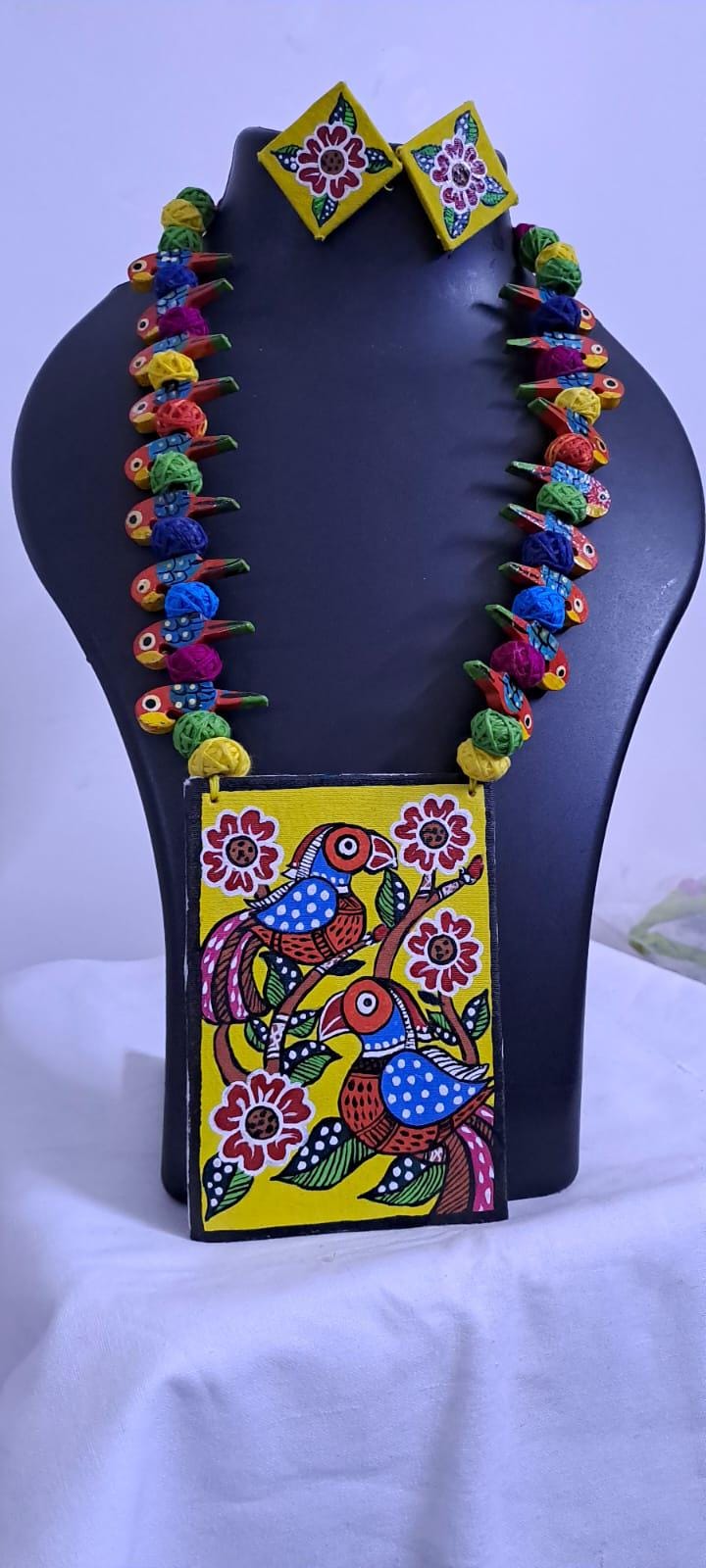 Handpainted fabric necklace set with earrings