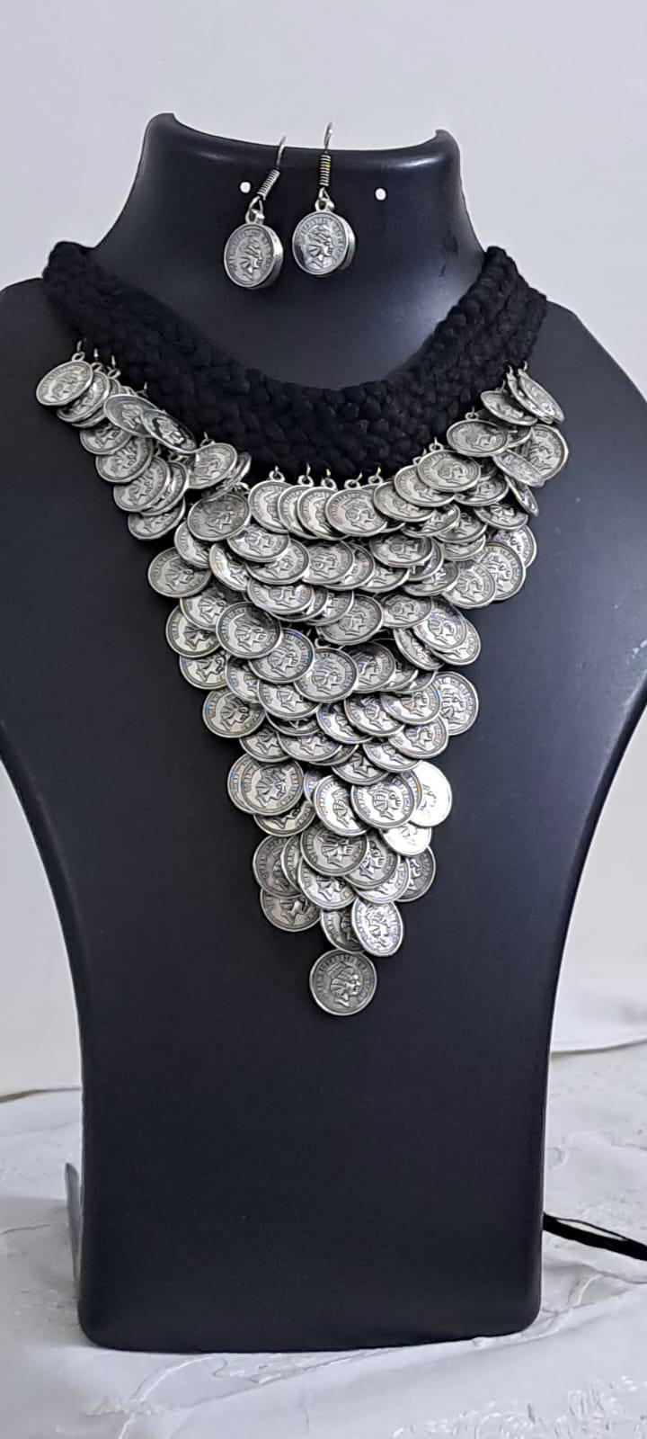 Braided black choker necklace set with multi layered fringes n matching earrings