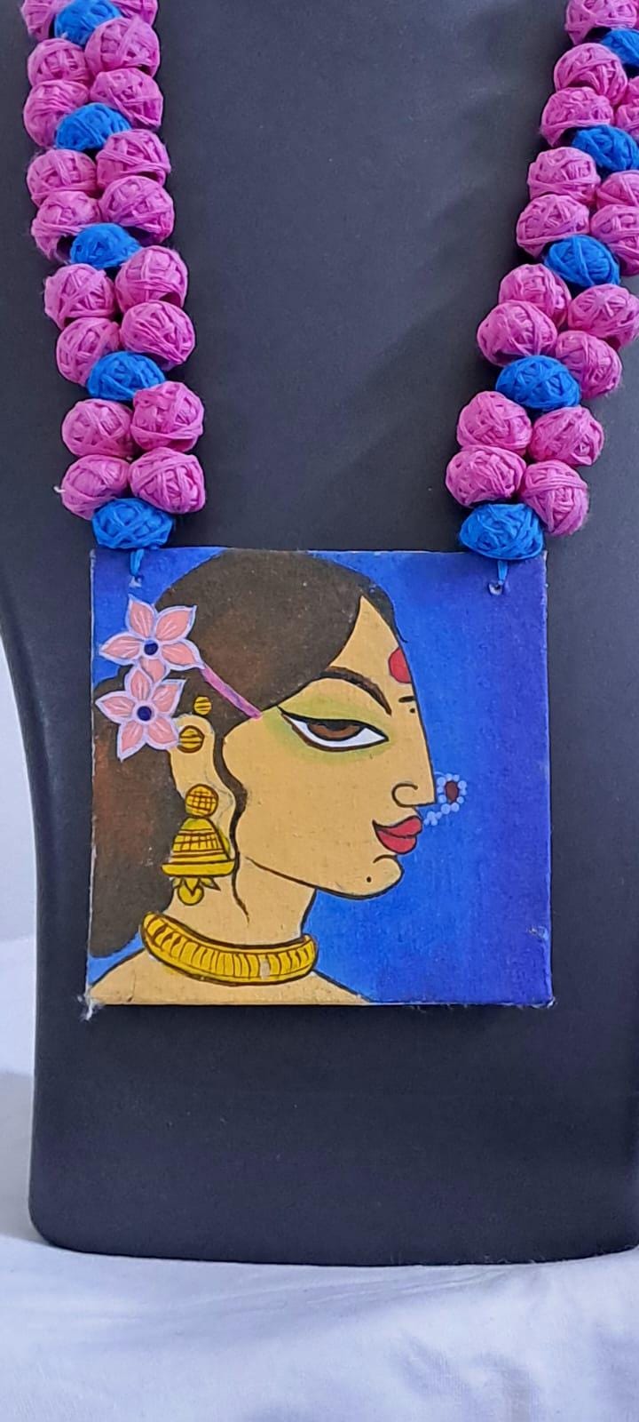 Handpainted fabric jewellery set with matching earrings