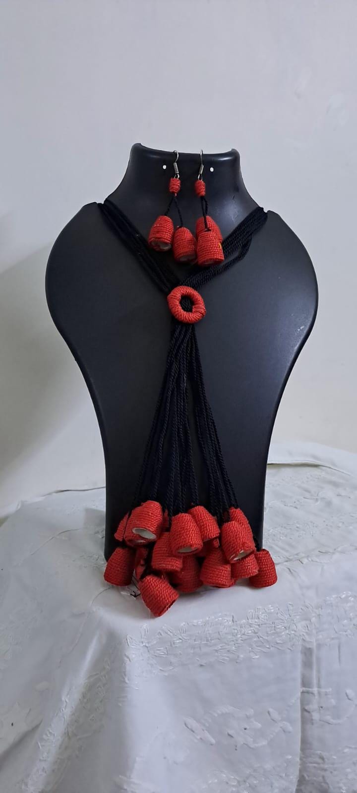 Red thread necklace with multiple thread aparajita flower fringes n matching earrings
