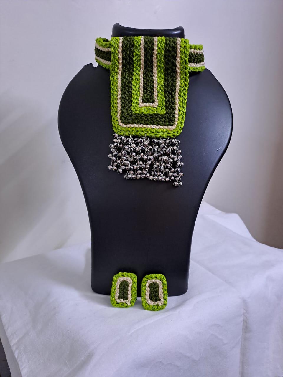Green Crochet thread necklace set with matching earrings
