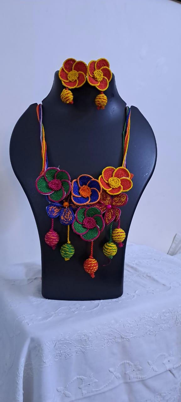 Multi colour flower thread necklace with thread bead fringes and matching earrings