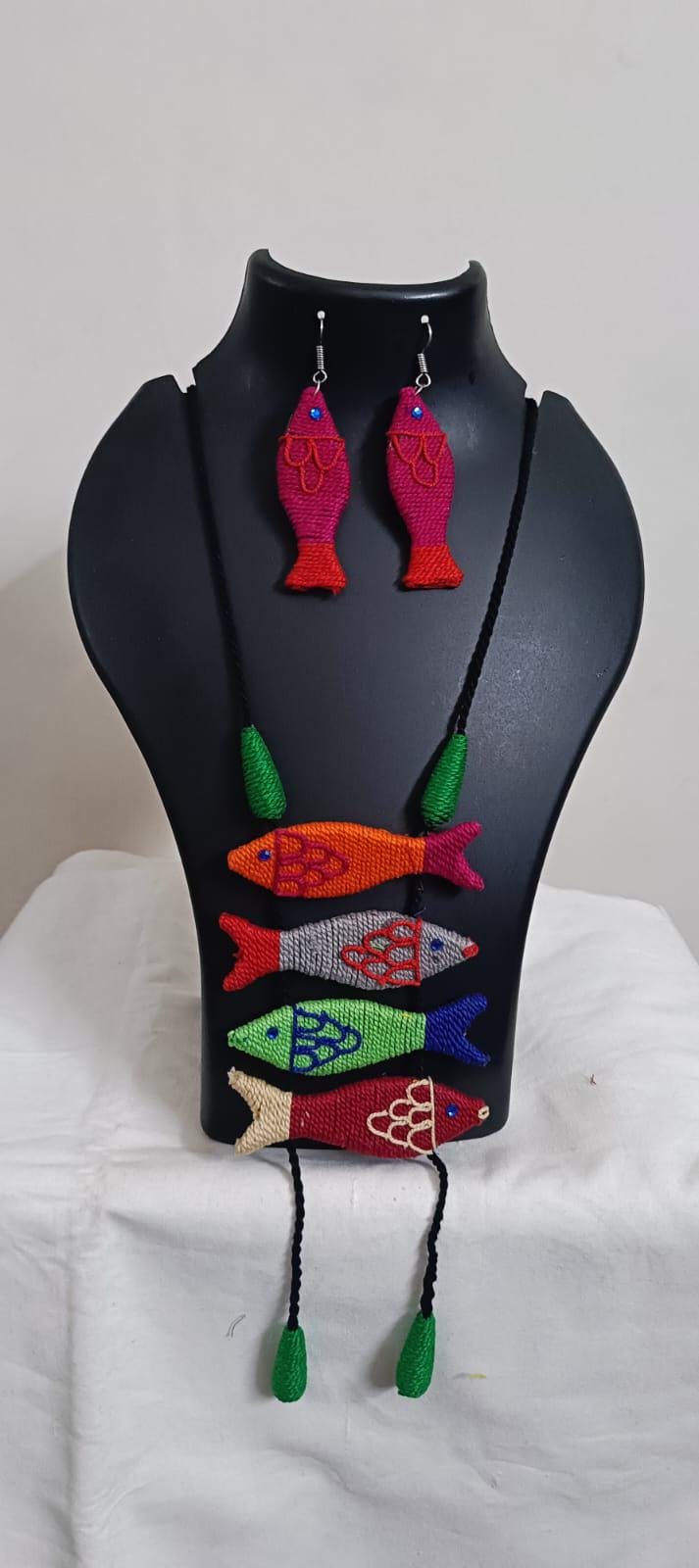 Multi colour crochet thread necklace with fish pendant and matching thread earrings
