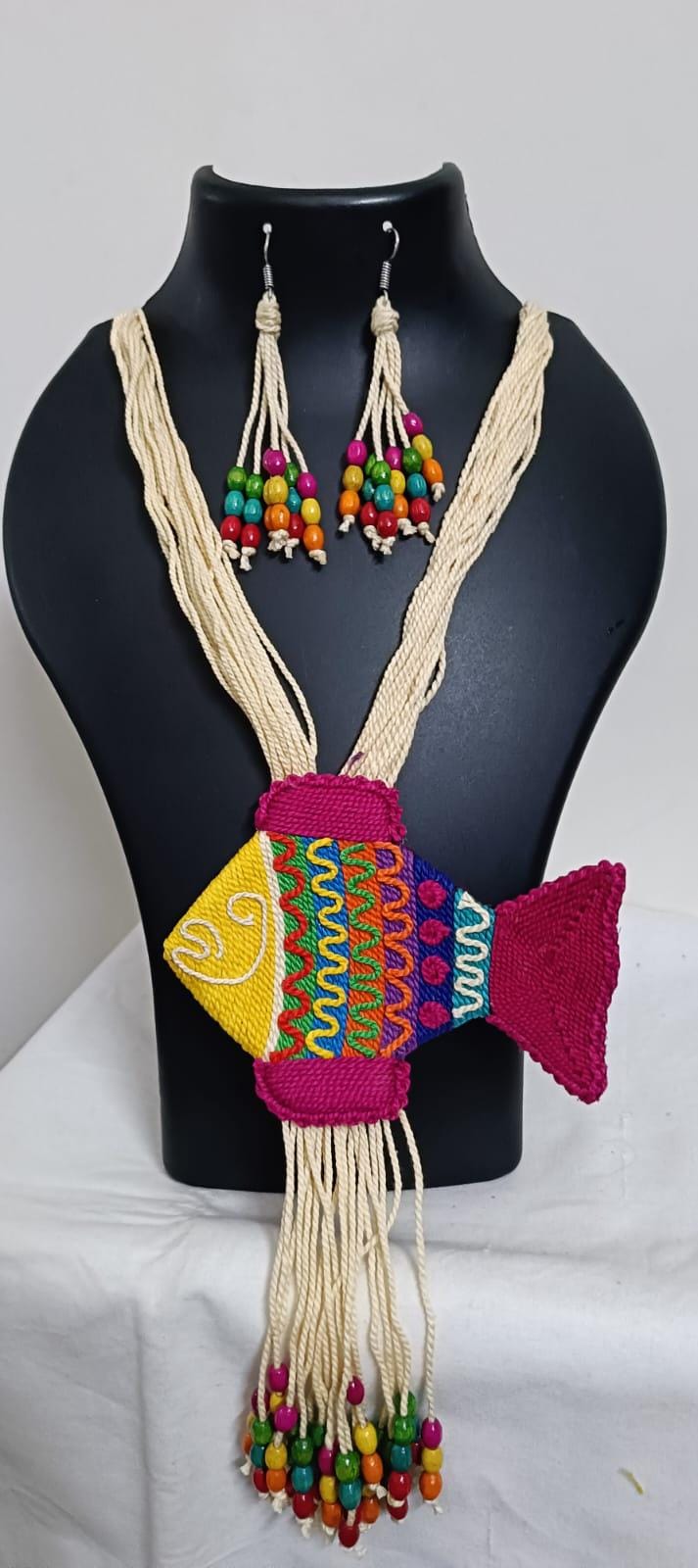 Multi colour thread fish pendant Jewellery. set with matching thread earrings