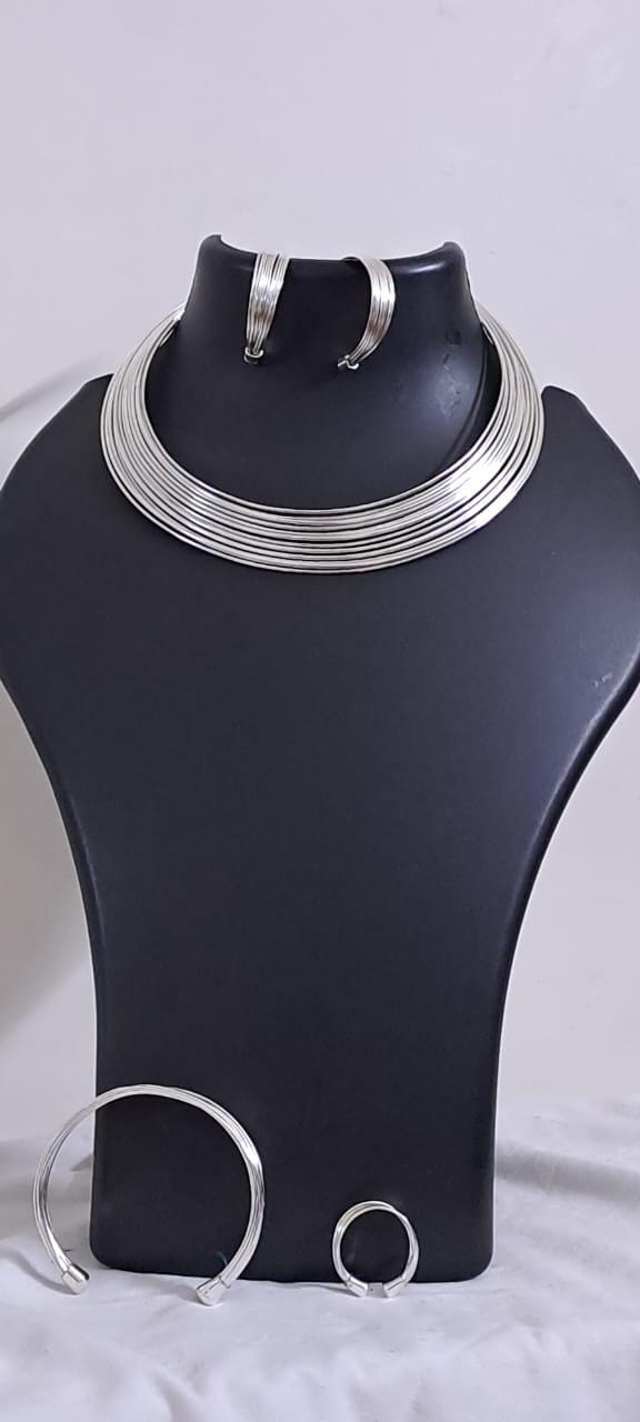 Exclusive multi layered  wired silver oxidised neckband with matching earrings, bracelet n ring