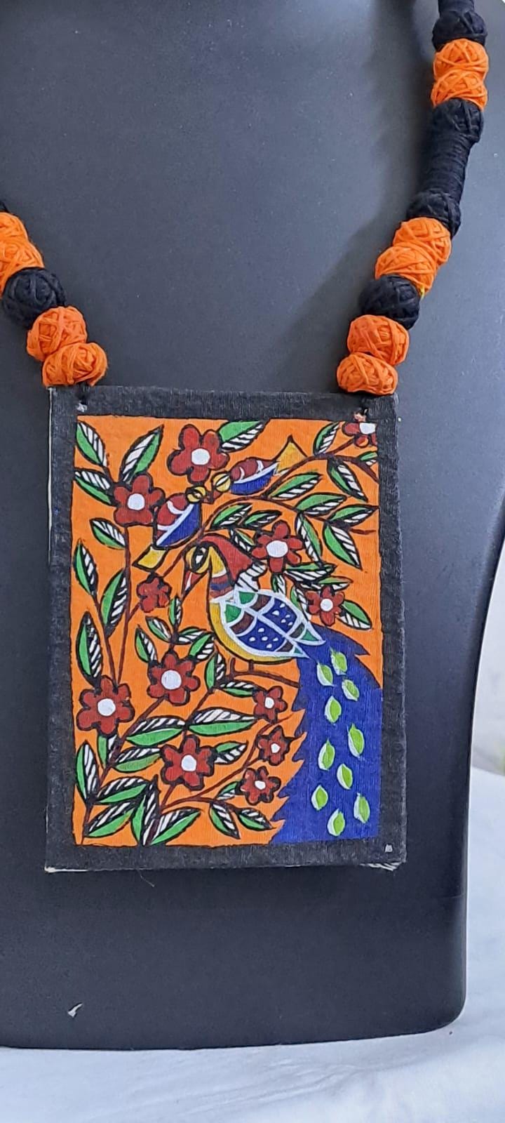 Handpainted fabric jewellery set with matching earrings