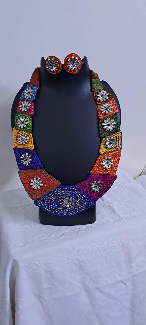 Exclusive  necklace set with multiple thread n  silver oxidised pendants n matching earrings