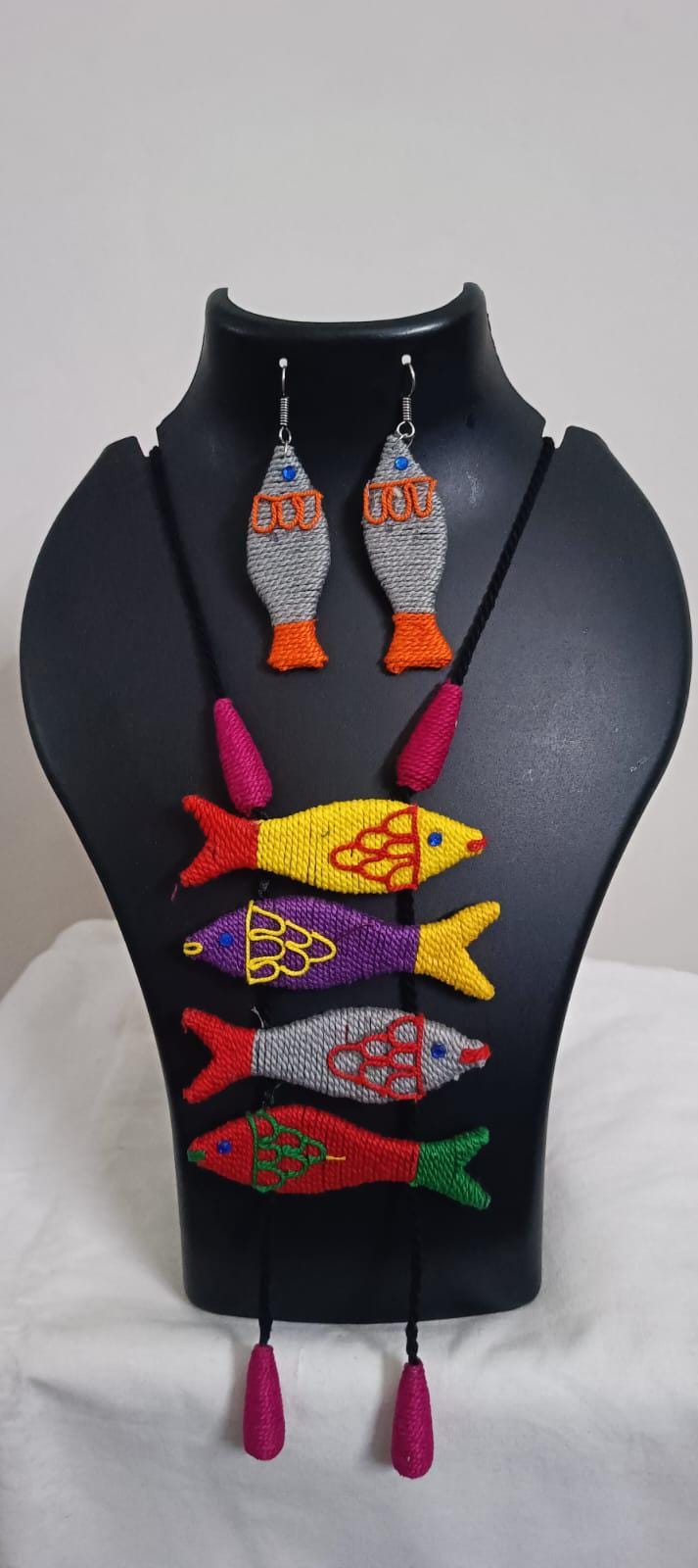 Multi colour crochet thread necklace with fish pendant and matching thread earrings