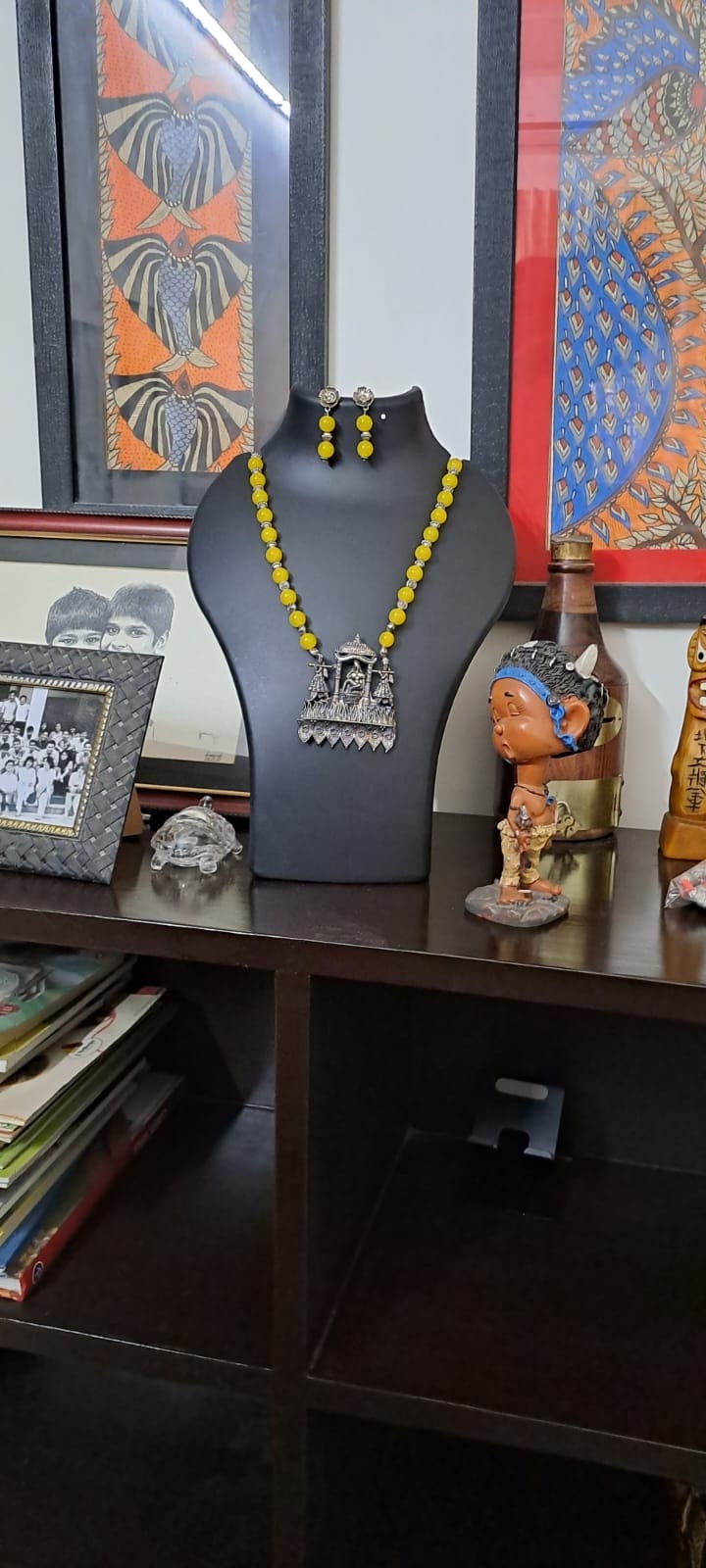 Yellow glass beads necklace with oxidised silver pendant