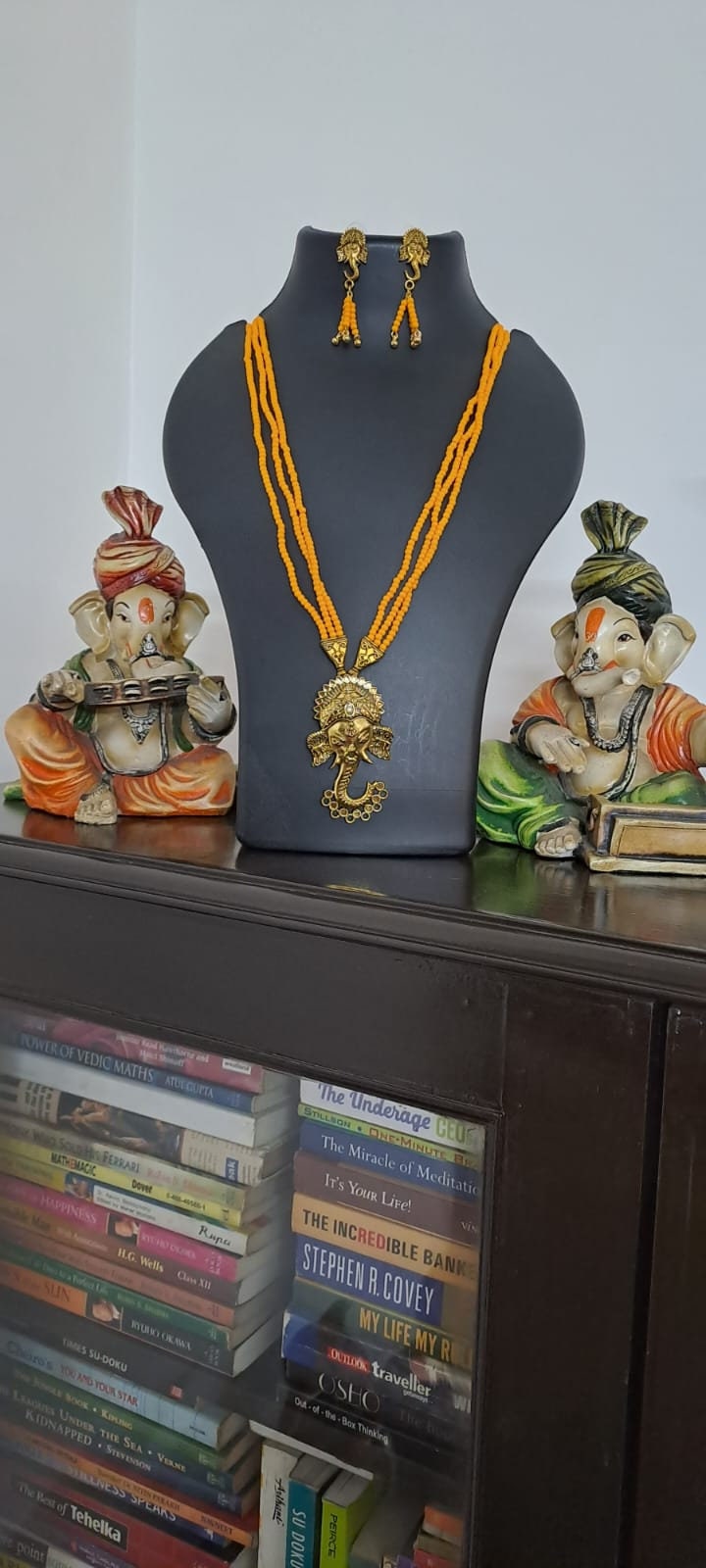Orange seed beads necklace with Lord Ganesha pendant