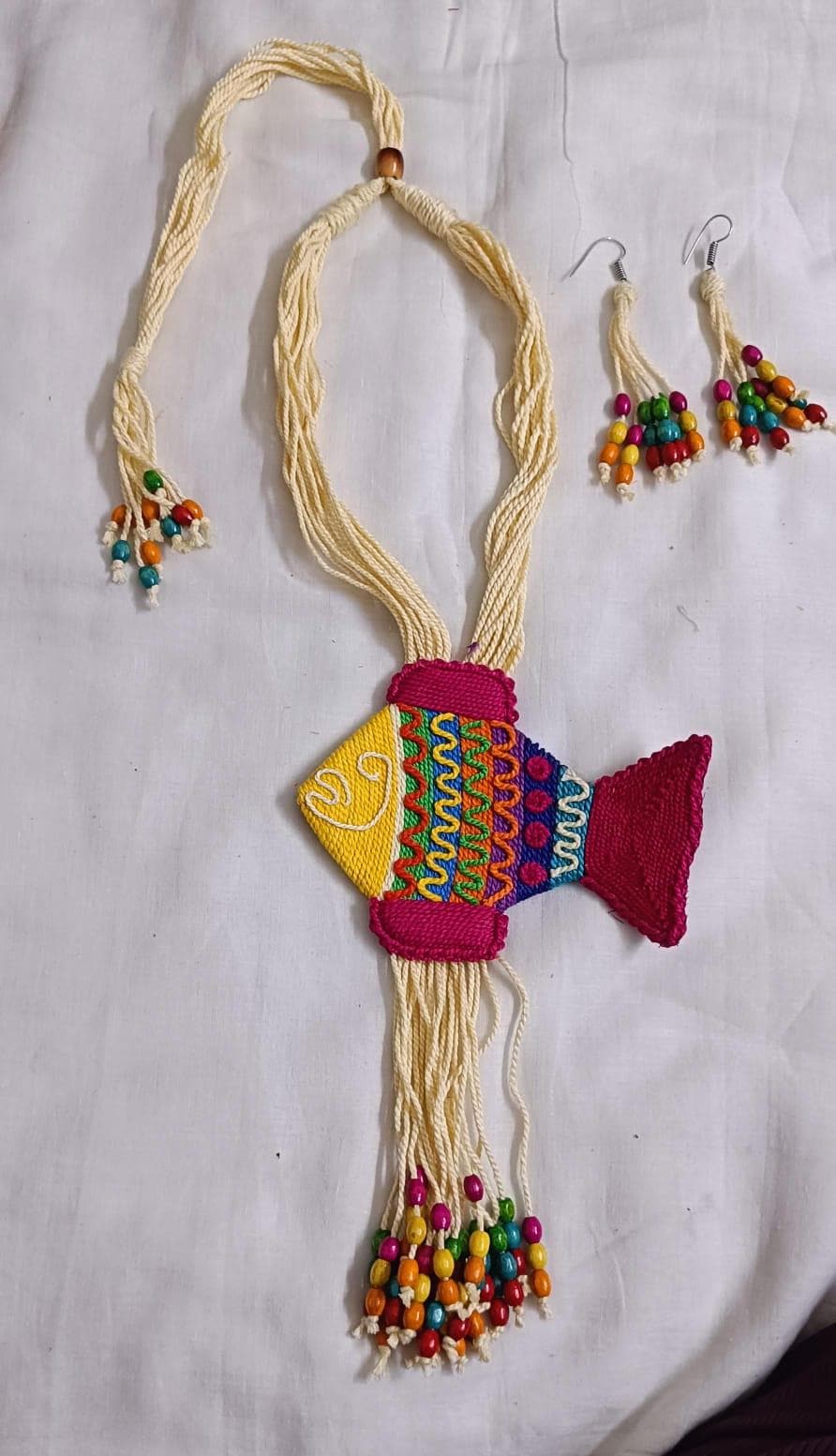 Multi colour thread fish pendant Jewellery. set with matching thread earrings