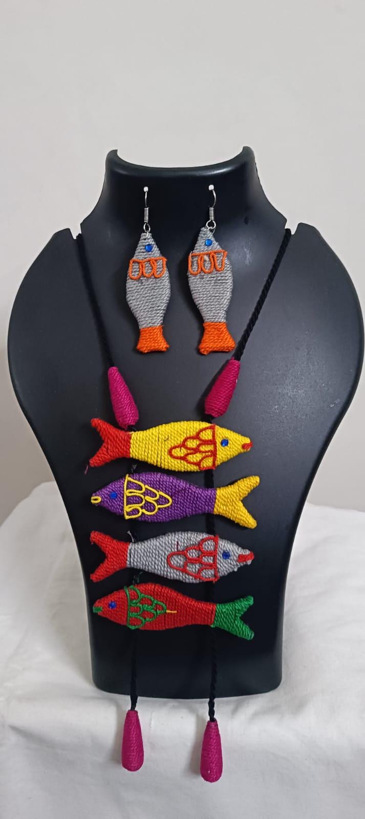 Multi colour crochet thread necklace with fish pendant and matching thread earrings