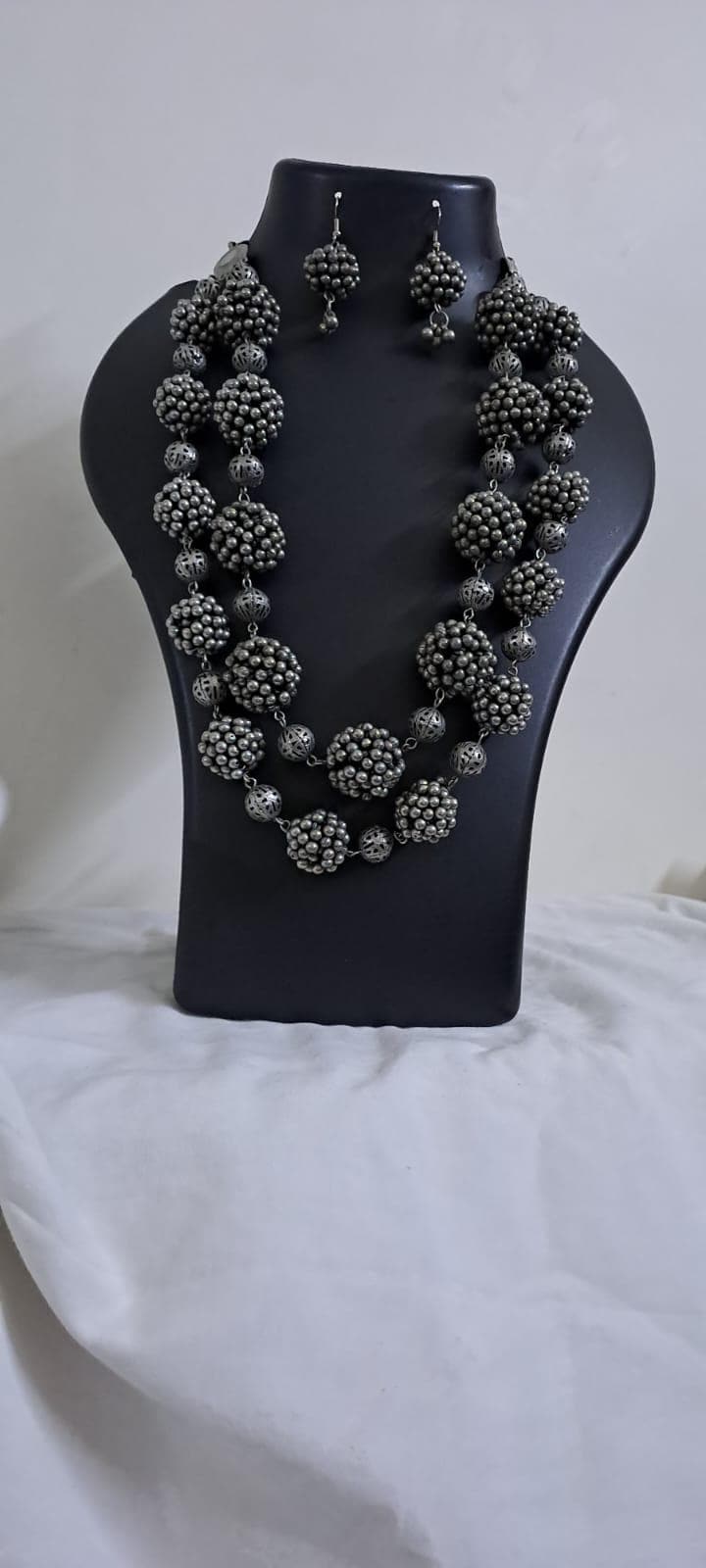 Exclusive silver oxidised long chain set with matching earrings