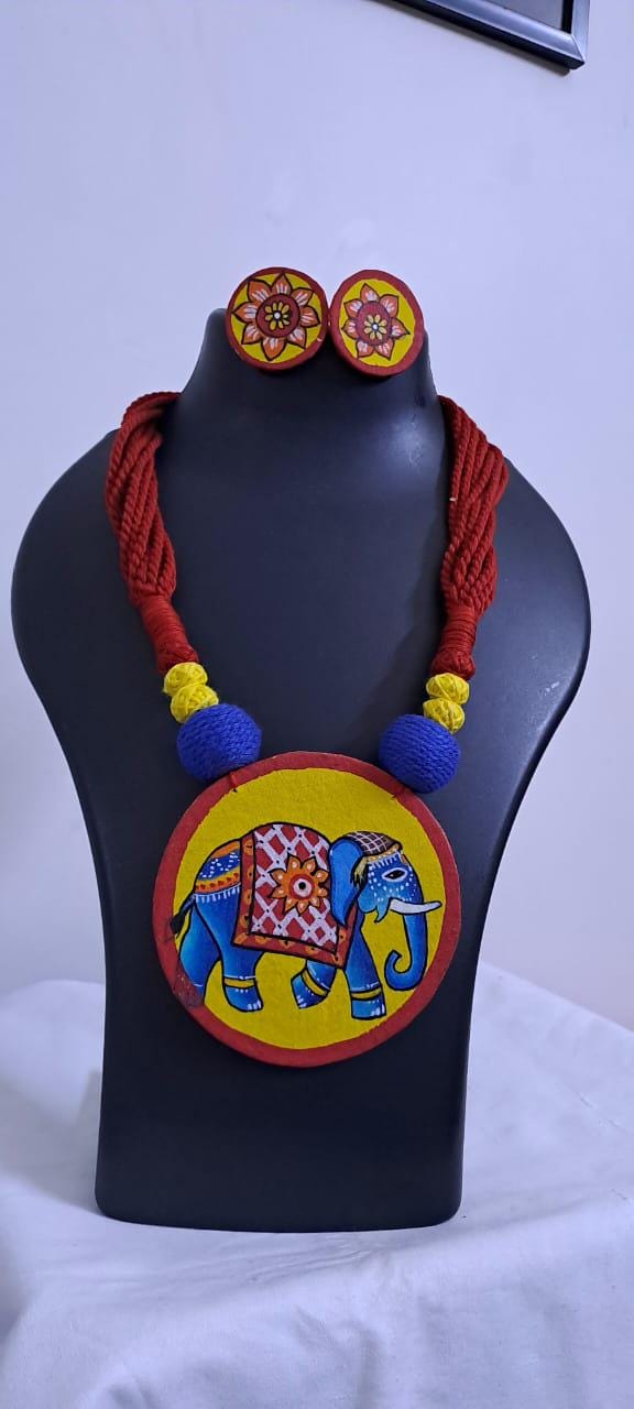 Handpainted fabric jewellery set with matching earrings