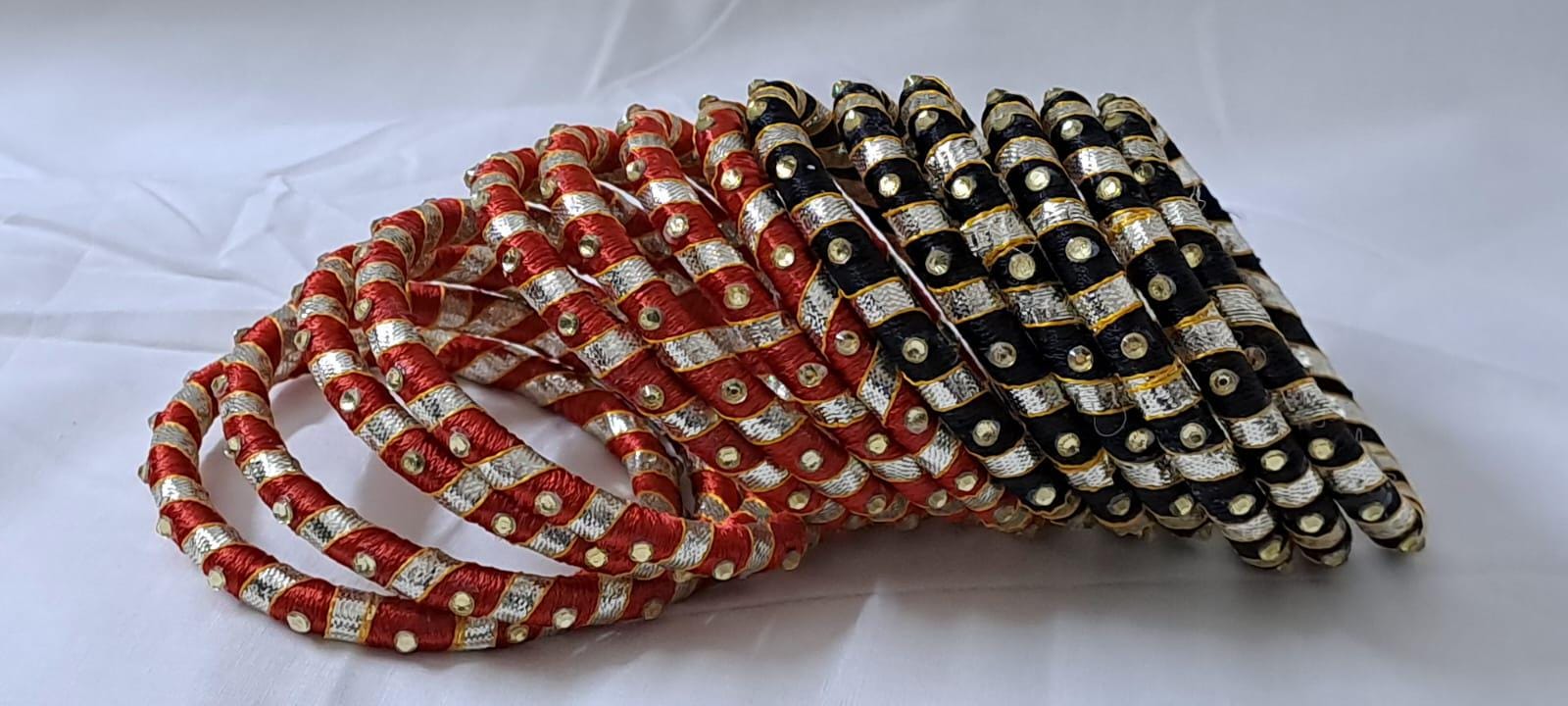 Red and black colour traditional kundan n gotta patti bangles with zari box  (set of 14 bangles)