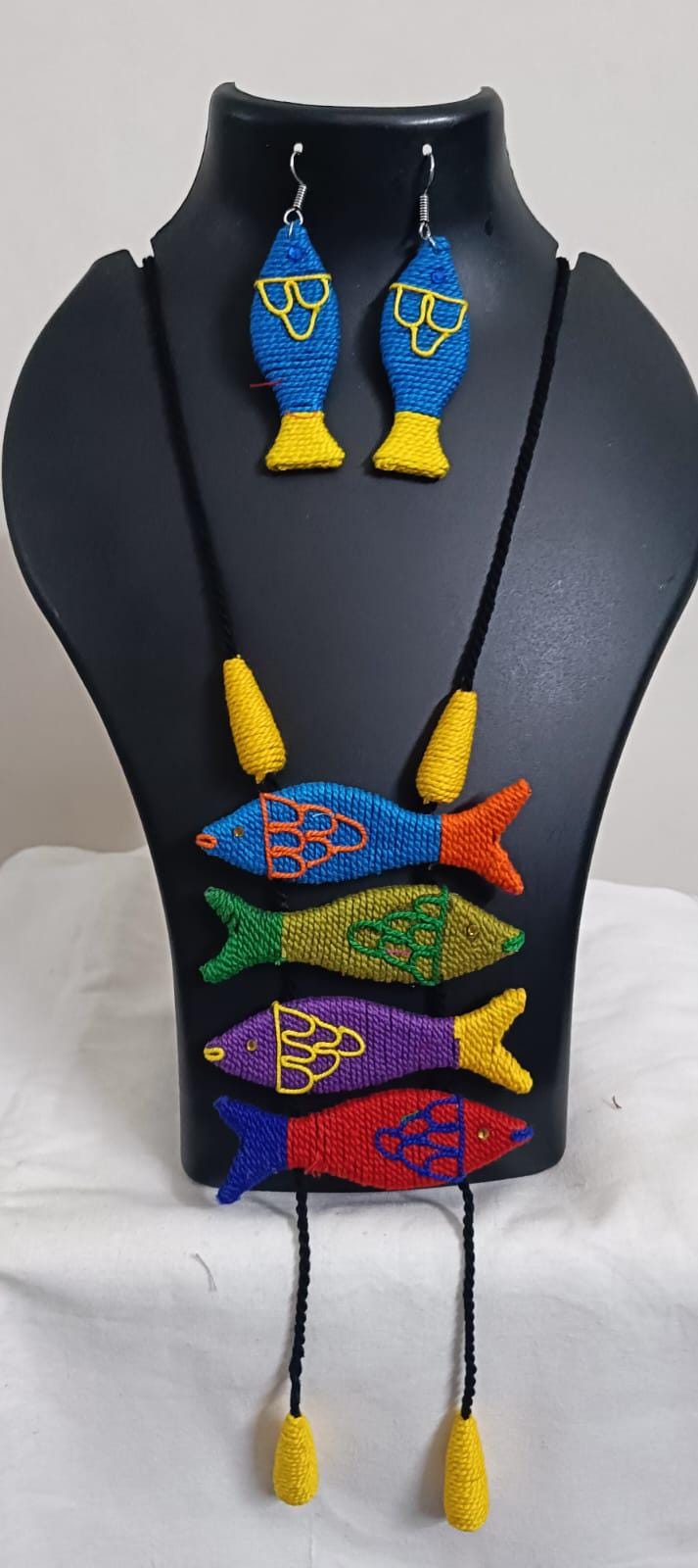 Multi colour crochet thread necklace with fish pendant and matching thread earrings