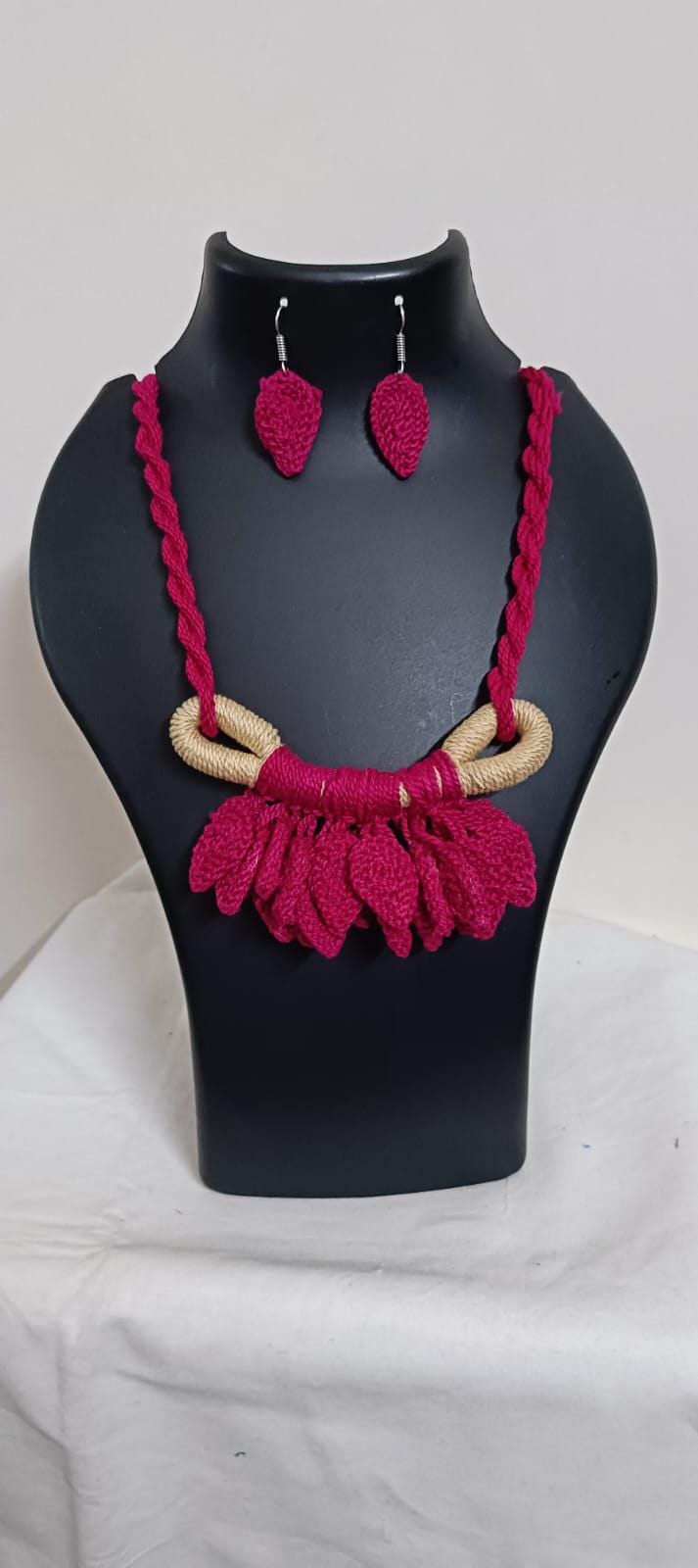 Pink Crochet thread necklace set with leaf fringes and matching earrings