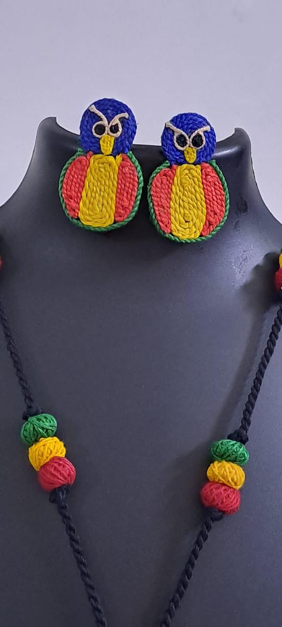 Handmade thread jewellery necklace set with owl pendant and matching earrings