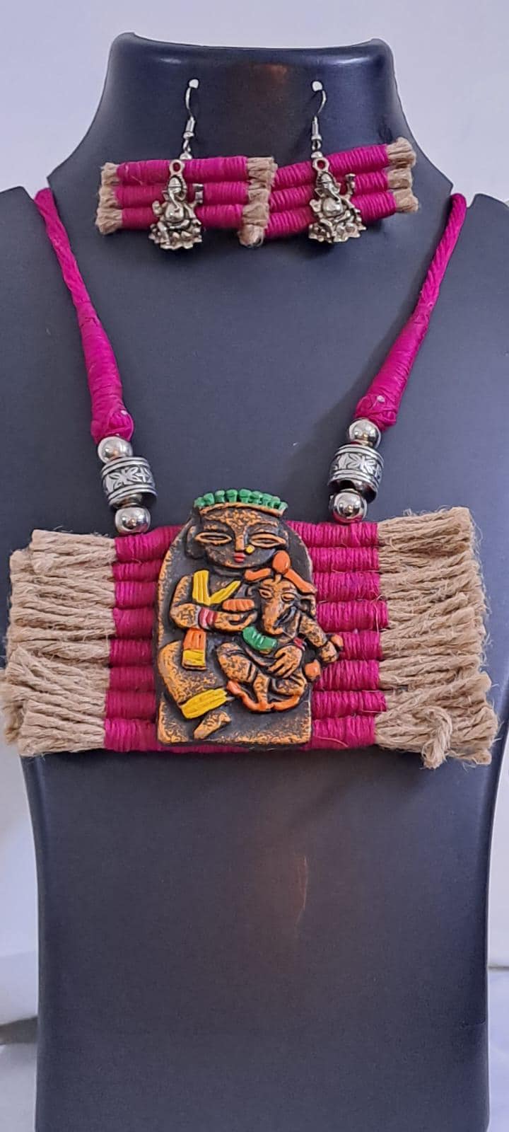 Terracotta Ganesha & Parvati pendant jute necklace set with matching earrings