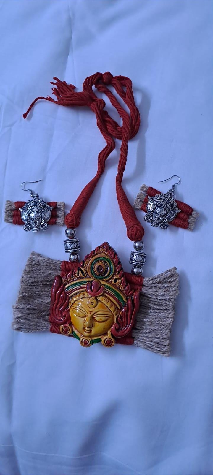 Terracotta Durga pendant jute necklace set with matching earrings