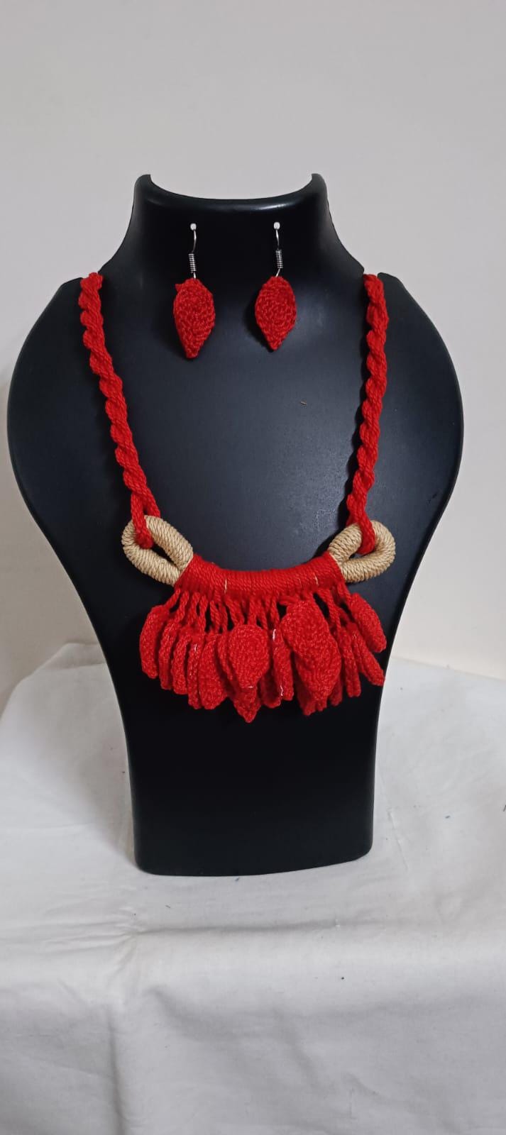 Red Crochet thread necklace set with leaf fringes and matching earrings
