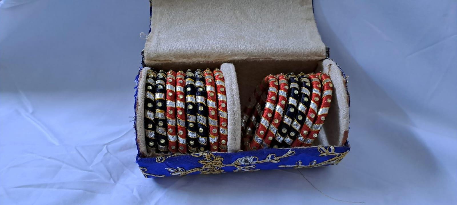 Red and black colour traditional kundan n gotta patti bangles with zari box  (set of 14 bangles)