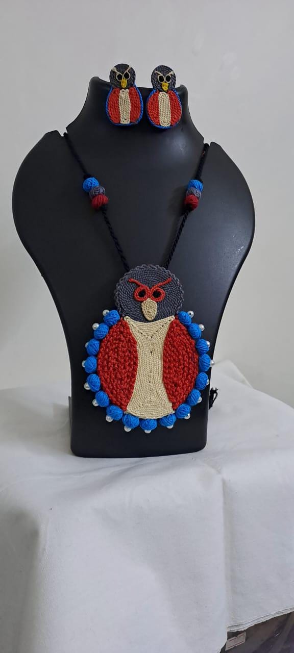 Handmade thread jewellery necklace set with owl pendant and matching earrings