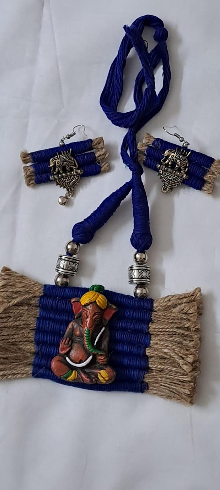 Terracotta Ganesha pendant jute necklace set with matching earrings