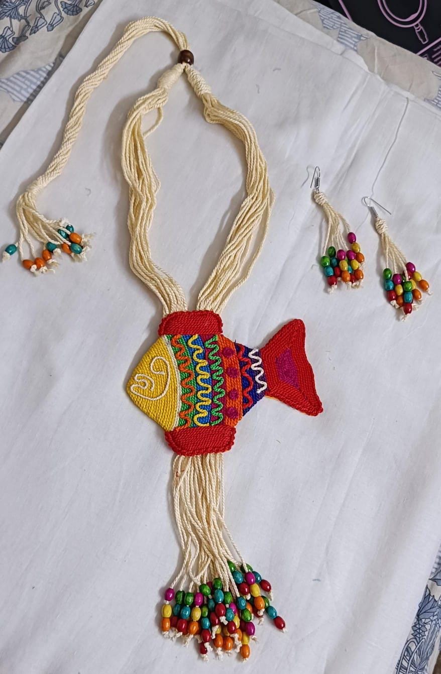 Multi colour thread fish pendant Jewellery. set with matching thread earrings
