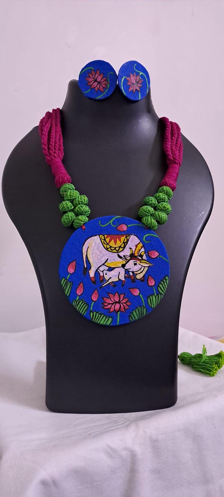 Handpainted fabric necklace set with earrings
