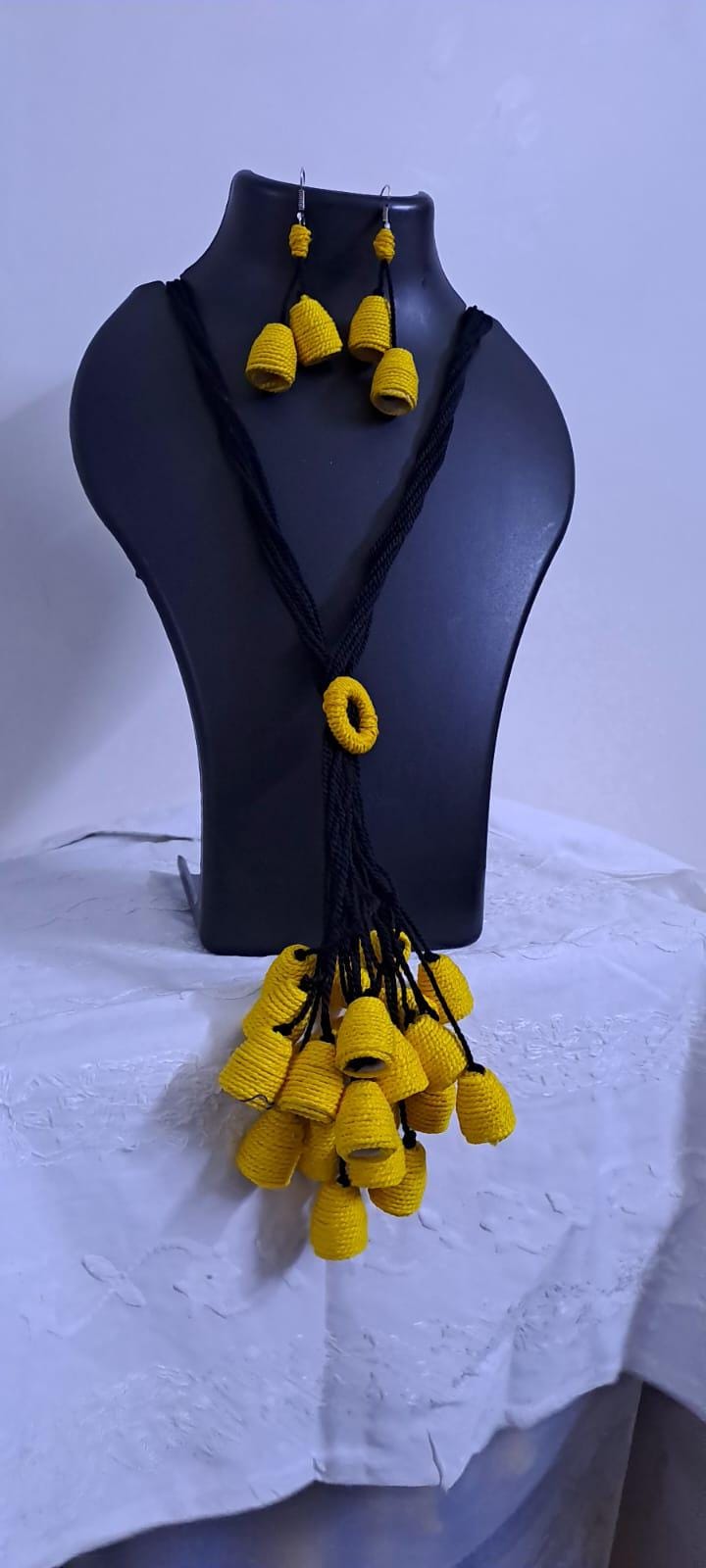 Yellow thread necklace with multiple thread aparajita flower fringes n matching earrings