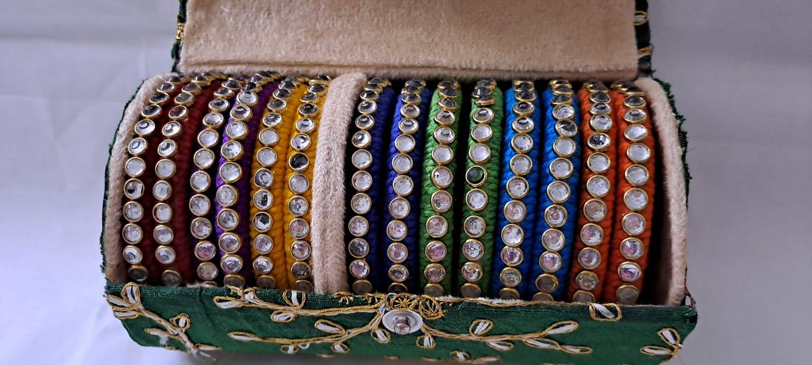 Rainbow colour traditional thread kundan bangles with zari bangle box