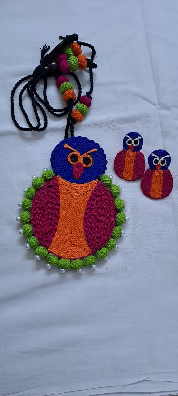 Handmade thread jewellery necklace set with owl pendant and matching earrings