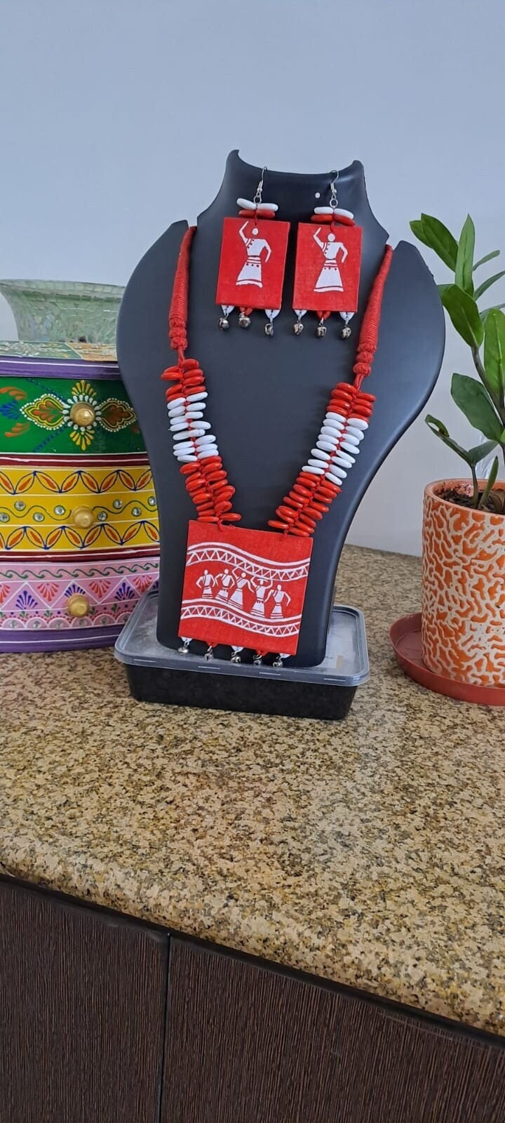 Handpainted fabric set with shell beads