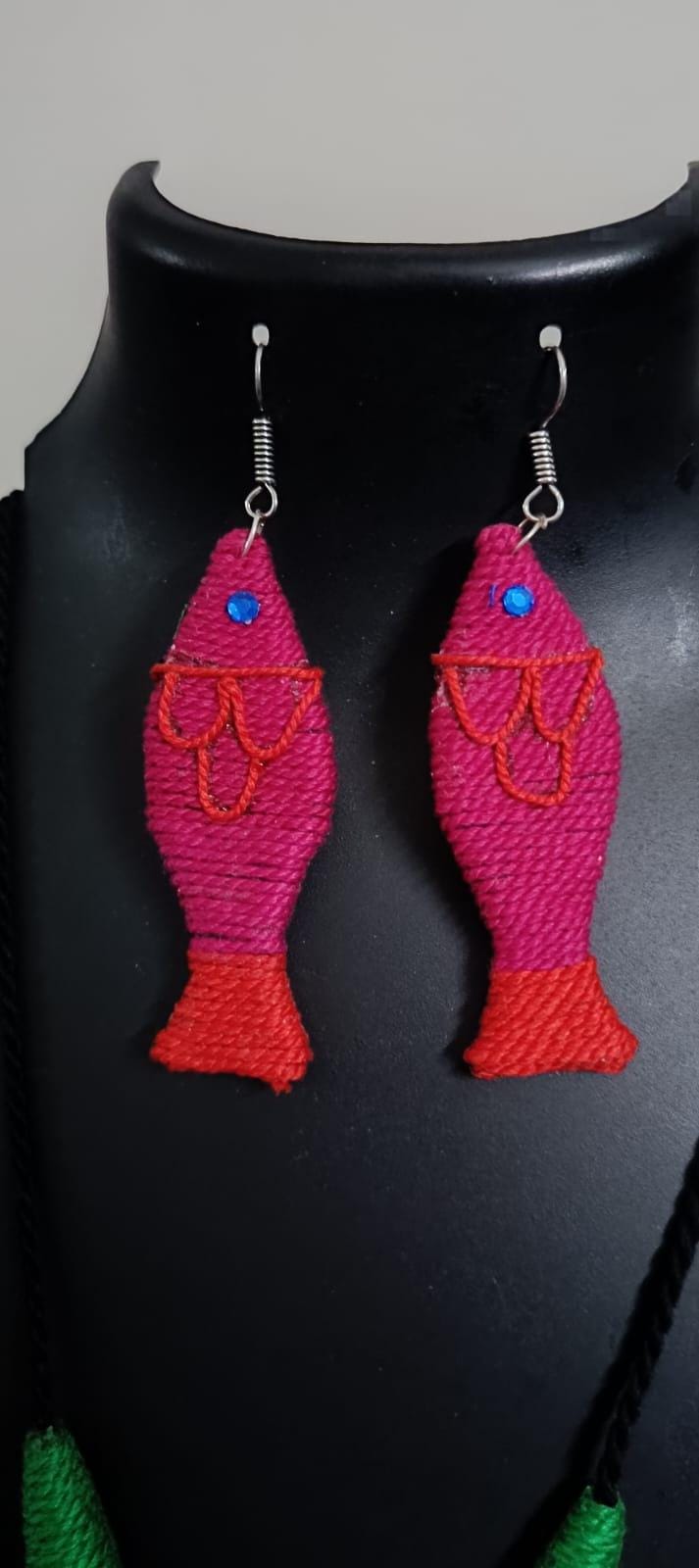 Multi colour crochet thread necklace with fish pendant and matching thread earrings