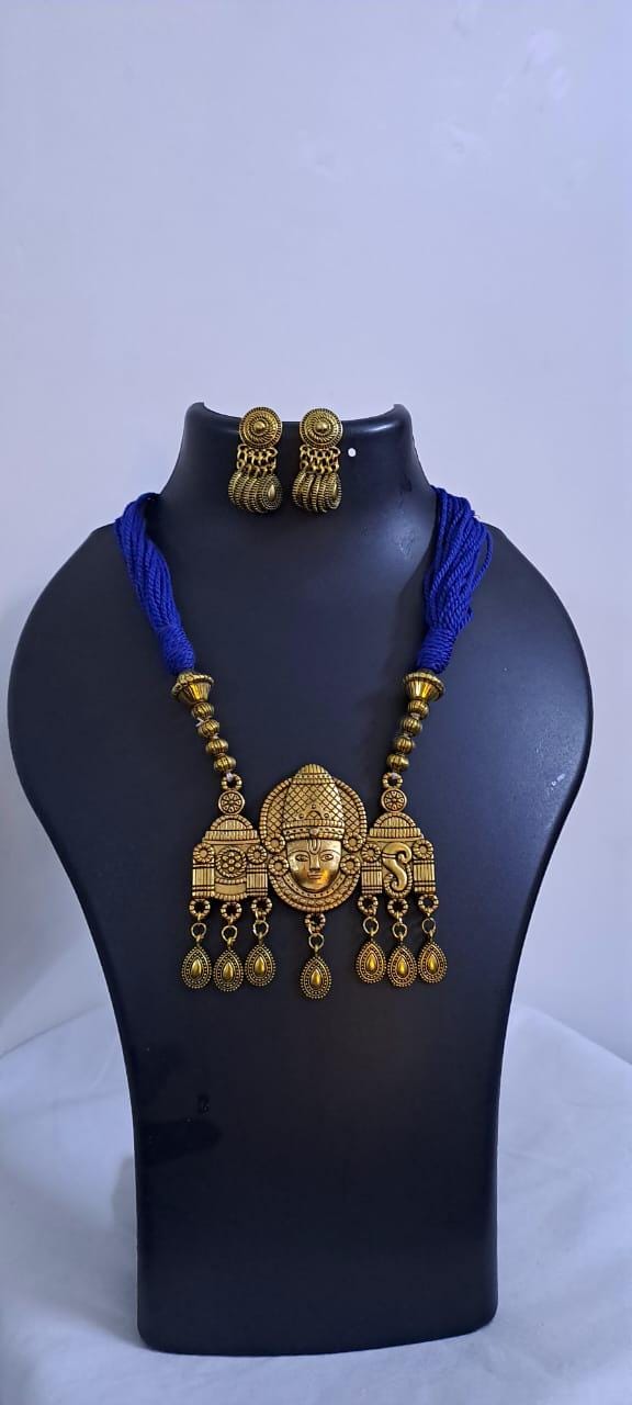 Royal blue thread necklace with Golden oxidised traditional pendant