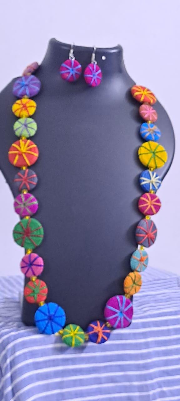 Exclusive multicoloured flat thread beads long necklace set with matching earrings (pink)