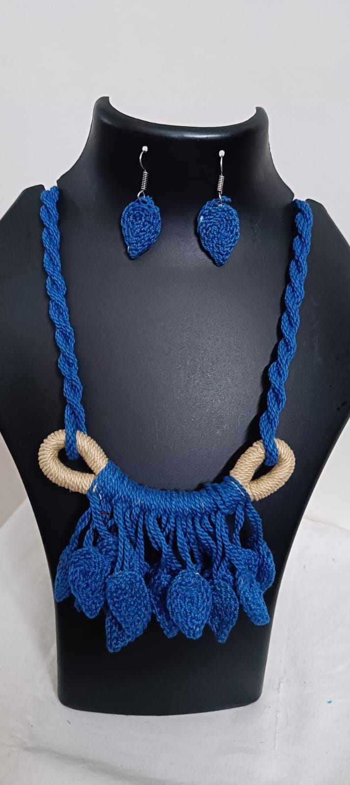 Blue Crochet thread necklace set with leaf fringes and matching earrings