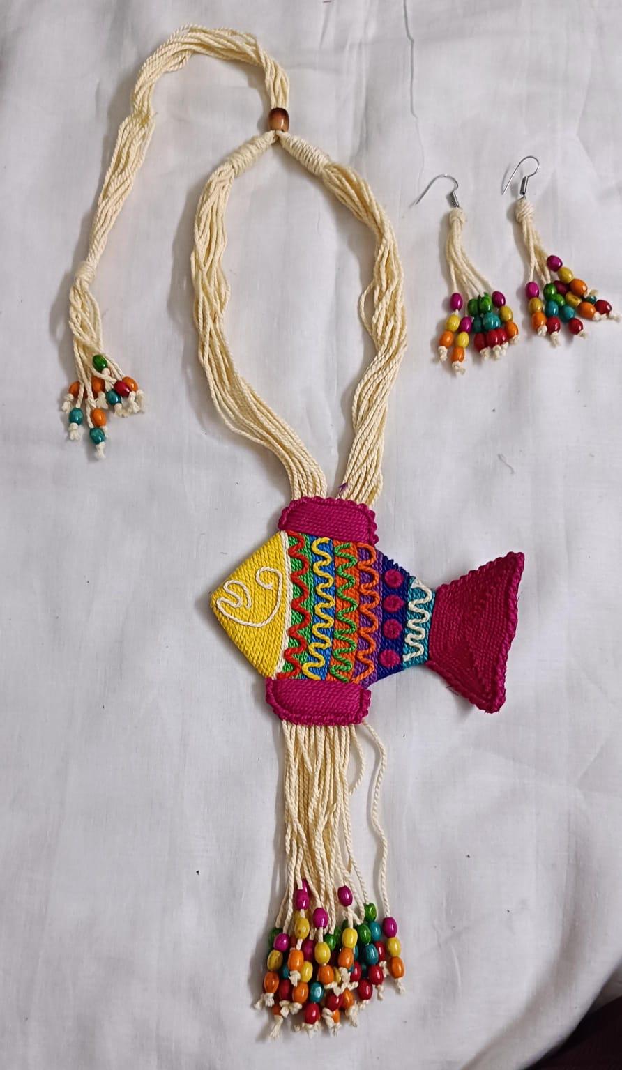 Multi colour thread fish pendant Jewellery. set with matching thread earrings