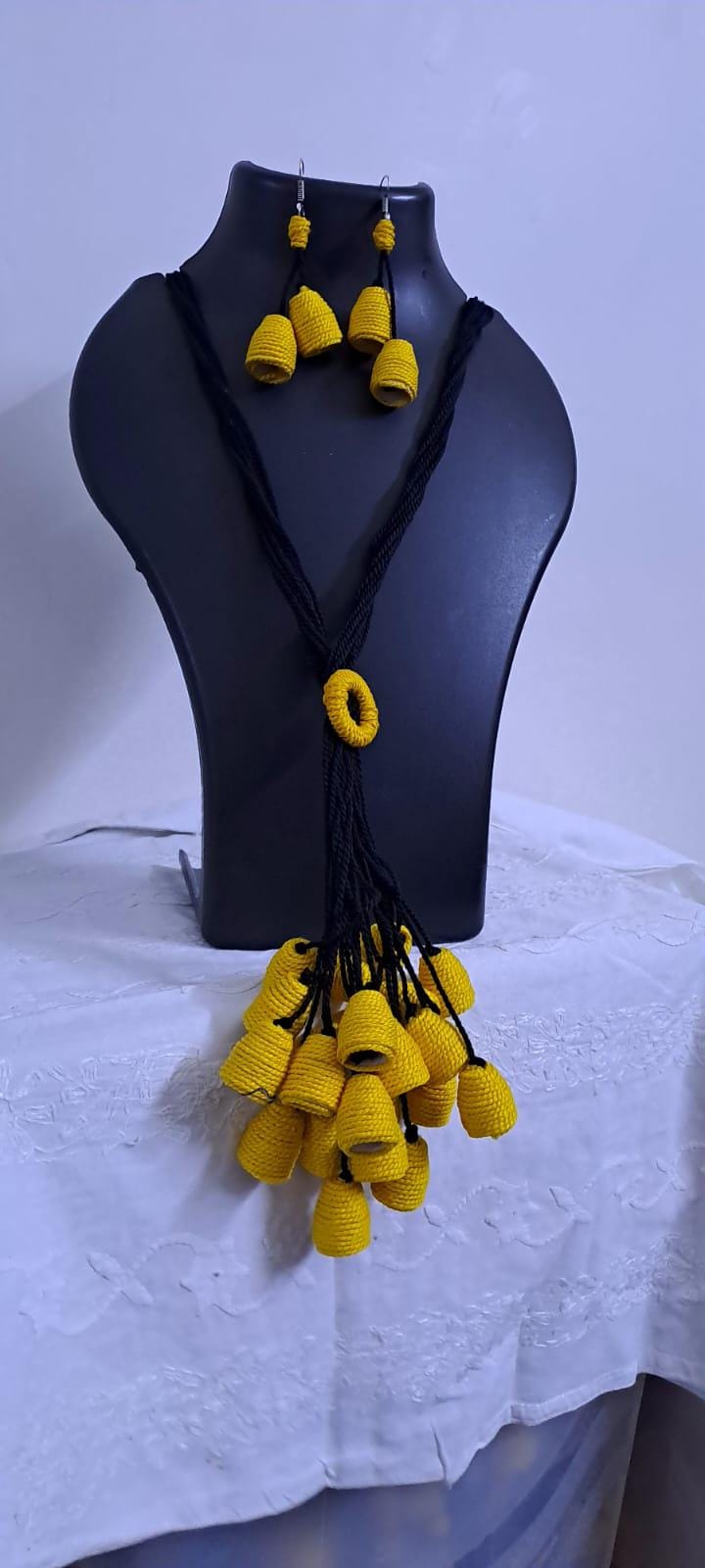 Yellow thread necklace with multiple thread aparajita flower fringes n matching earrings