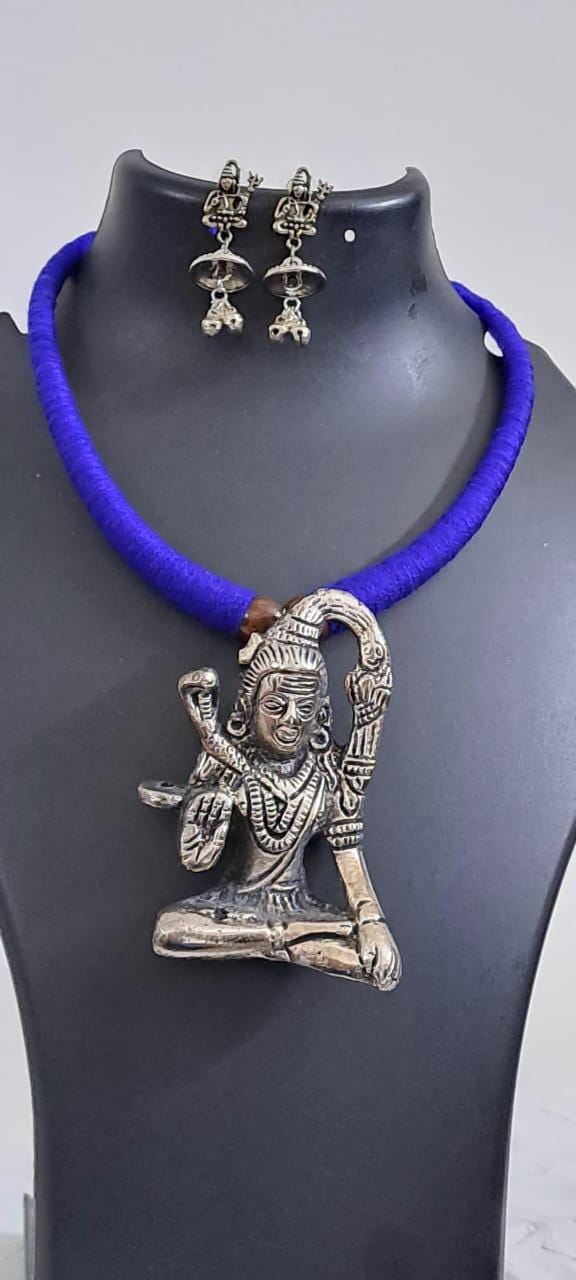Blue thread necklace with silver oxidised lord shivji pendant