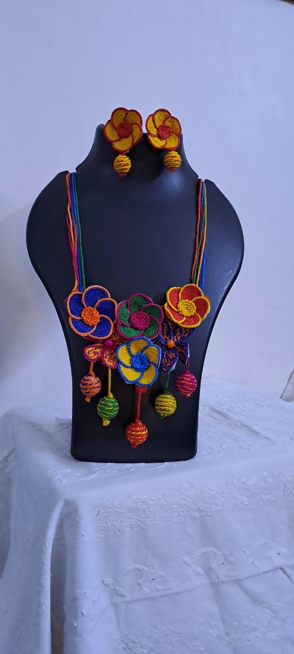 Multi colour flower thread necklace with thread bead fringes and matching earrings
