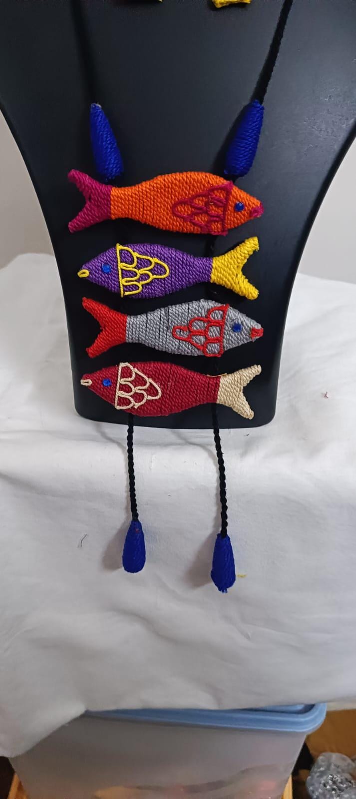 Multi colour crochet thread necklace with fish pendant and matching thread earrings