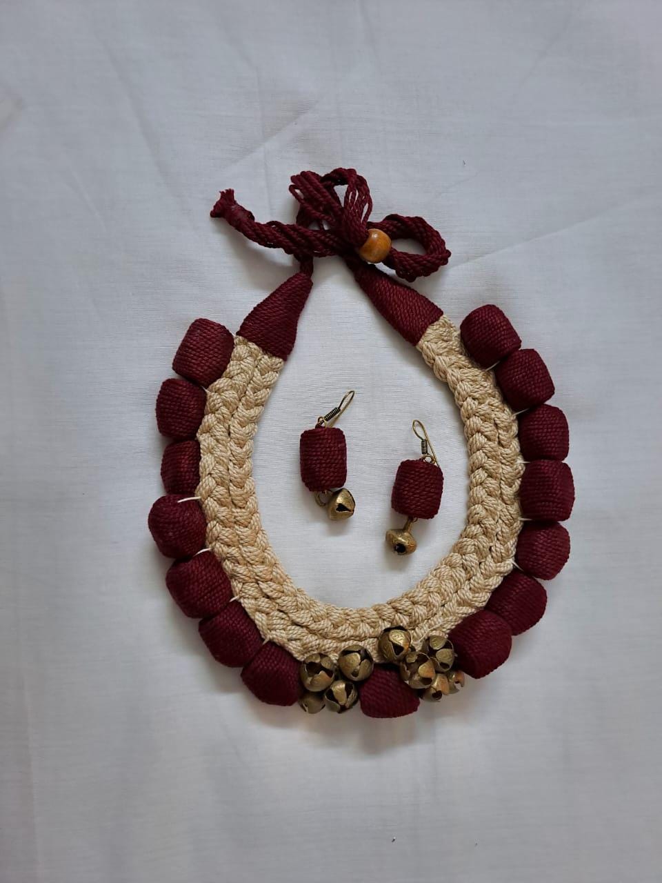 Handmade braided thread necklace set with trinkets and  matching earrings