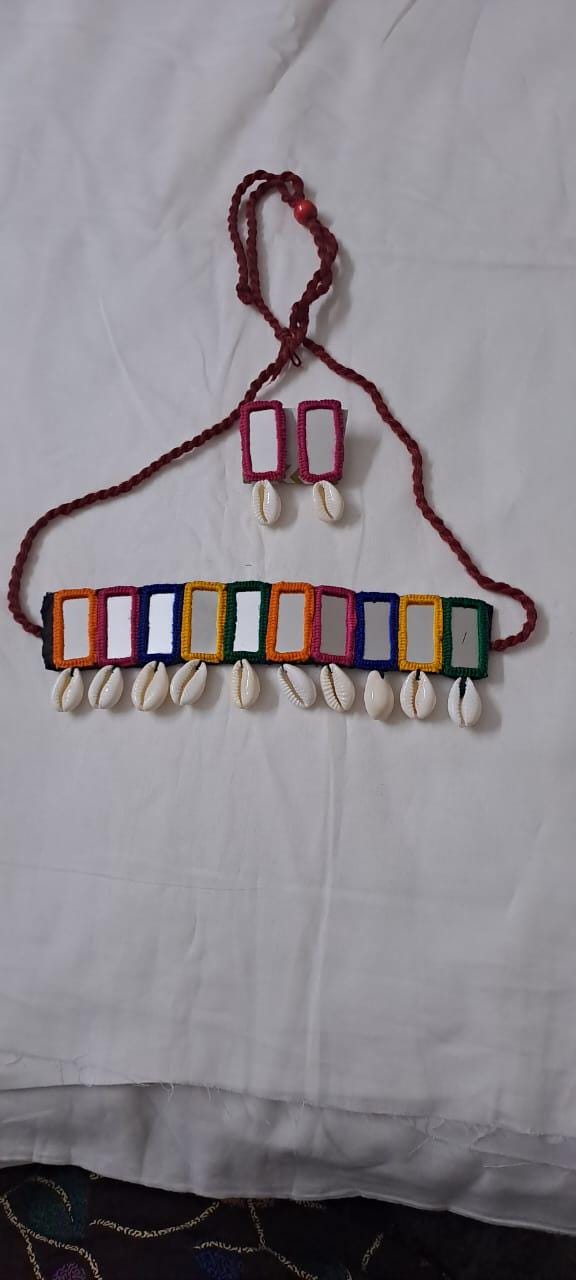 Handmade Kutch Glass work choker necklace with glass work earrings