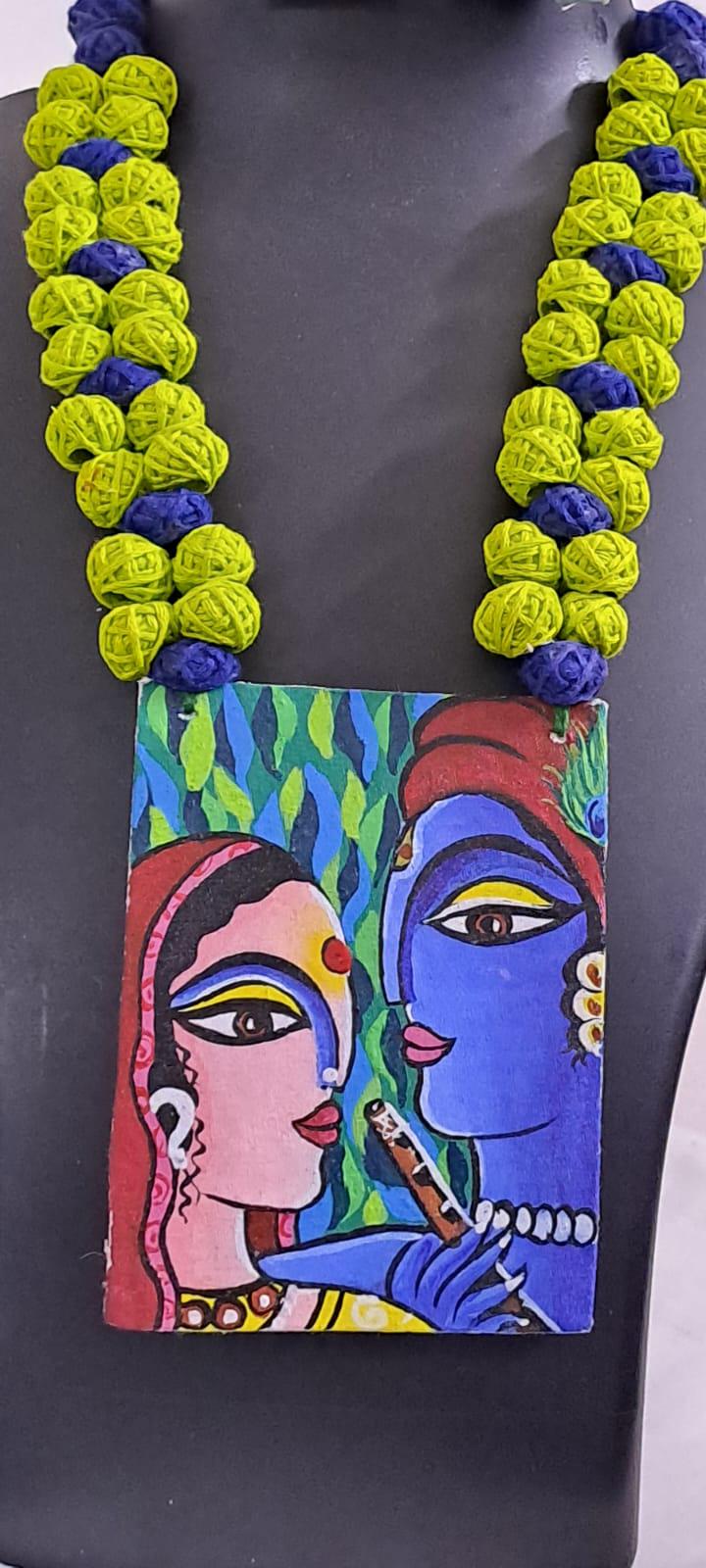 Handpainted fabric necklace set with earrings
