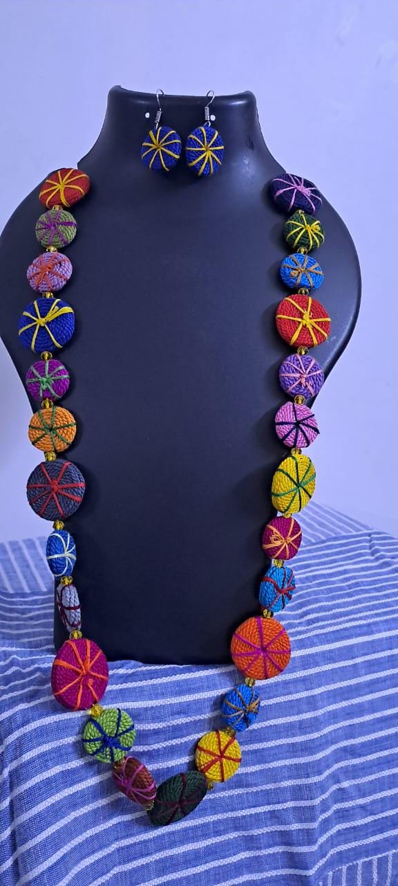 Exclusive multicoloured flat thread beads long necklace set with matching earrings (blue)