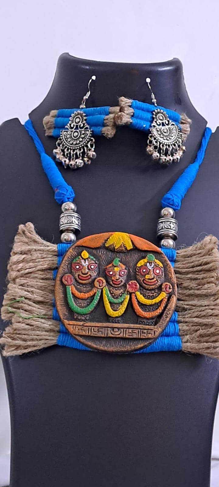 Terracotta Lord Jagannath pendant jute necklace set with matching earrings