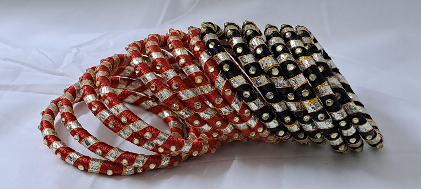 Red and black colour traditional kundan n gotta patti bangles with zari box  (set of 14 bangles)