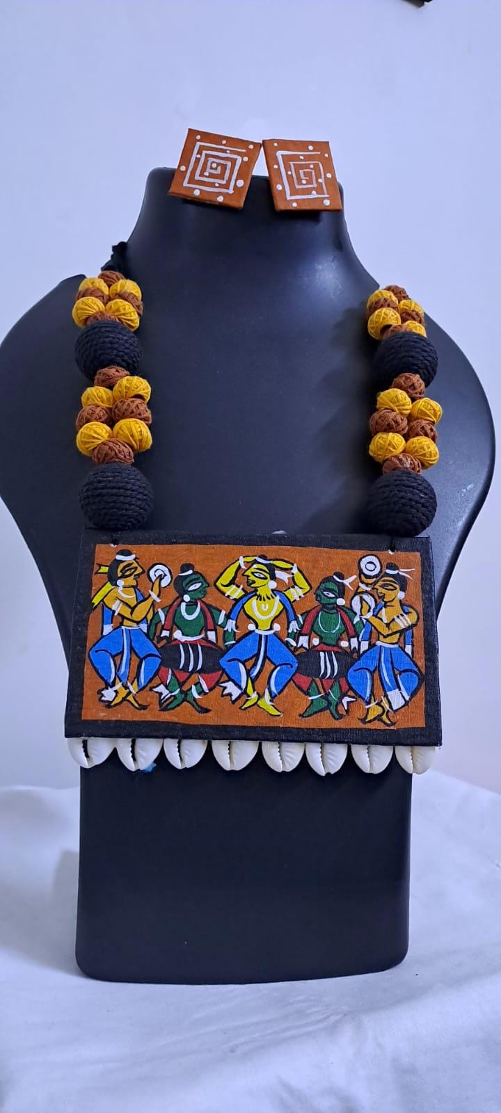 Handpainted fabric necklace set with earrings